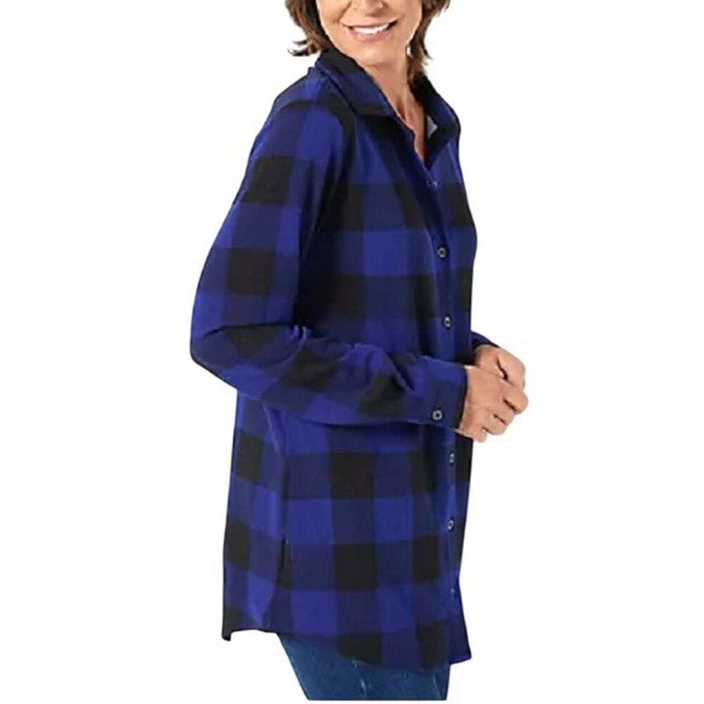 Denim & Co. Heavenly Jersey Buffalo Plaid Button Front Tunic Top XX SMALL (2323)